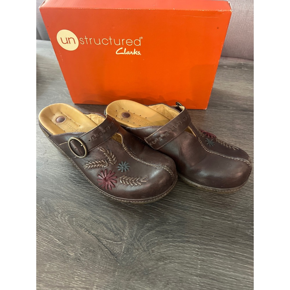 Clarks Unstructured Brown Leather Floral Embroidered Clog Mules Wedge Shoes 9